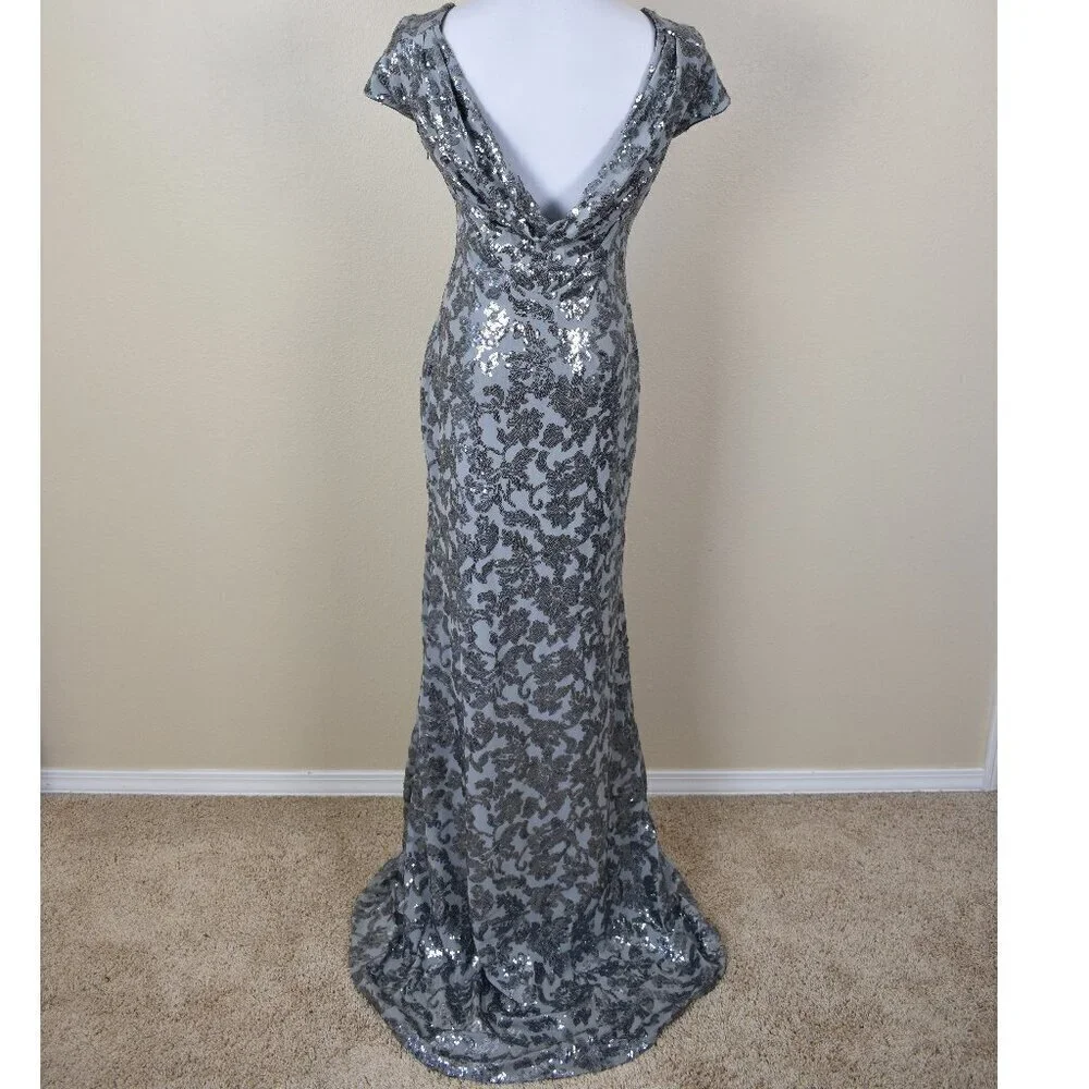 Calvin Klein Silver Sequin Cap Sleeve Backless Long Formal Dress 6 - Picture 5 of 10